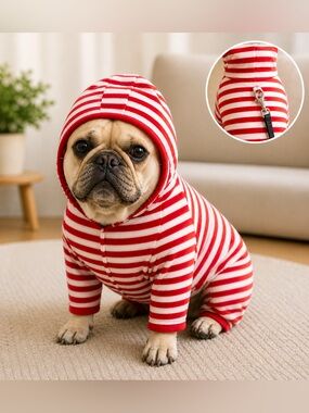 ❤️🤍 Red & White Striped Hooded Dog Pajama – Size Medium 🤍❤️